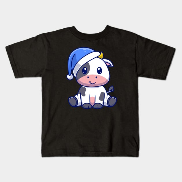 Cute Cow Winter Sitting With Beanie Hat Cartoon Kids T-Shirt by Catalyst Labs